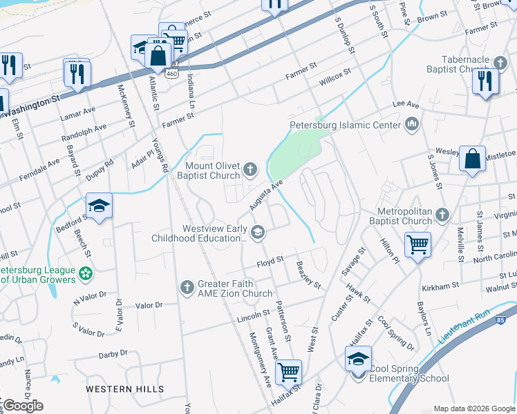 map of restaurants, bars, coffee shops, grocery stores, and more near 849 Augusta Avenue in Petersburg