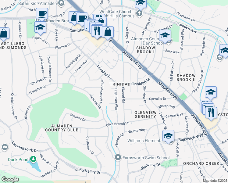 map of restaurants, bars, coffee shops, grocery stores, and more near 1225 Swinging Gate Court in San Jose