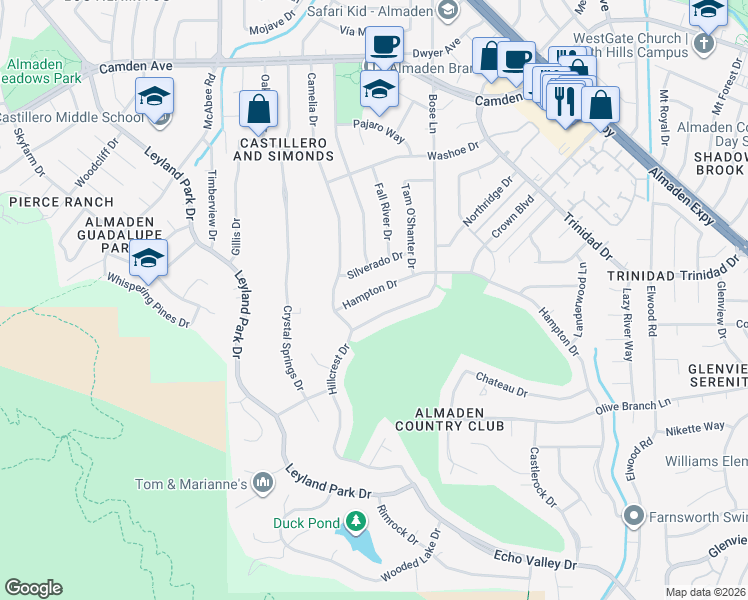 map of restaurants, bars, coffee shops, grocery stores, and more near 6543 Hampton Drive in San Jose