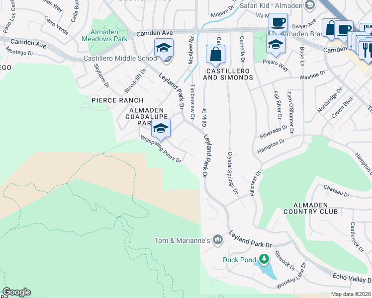 map of restaurants, bars, coffee shops, grocery stores, and more near 6581 Rolling Oaks Drive in San Jose