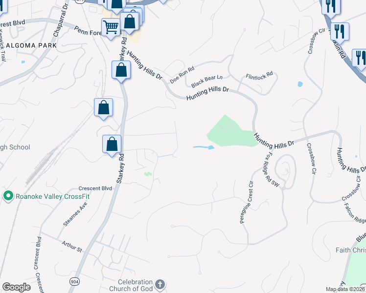 map of restaurants, bars, coffee shops, grocery stores, and more near 5423-5441 Downing Street in Cave Spring