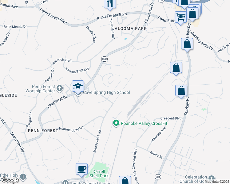 map of restaurants, bars, coffee shops, grocery stores, and more near 3432 Morning Dove Road in Cave Spring