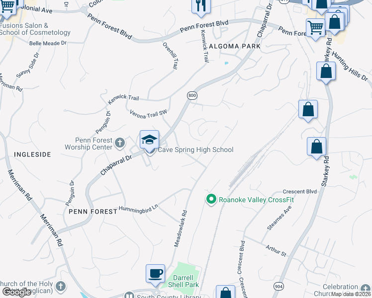 map of restaurants, bars, coffee shops, grocery stores, and more near 2877-2905 Woodthrush Drive in Cave Spring