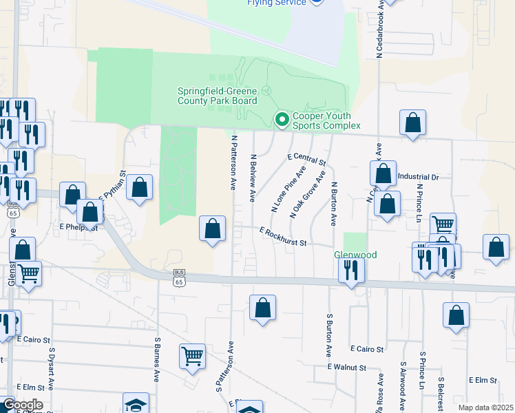 map of restaurants, bars, coffee shops, grocery stores, and more near 629 North Lone Pine Avenue in Springfield
