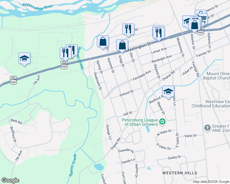 map of restaurants, bars, coffee shops, grocery stores, and more near 228 Summit Street in Petersburg