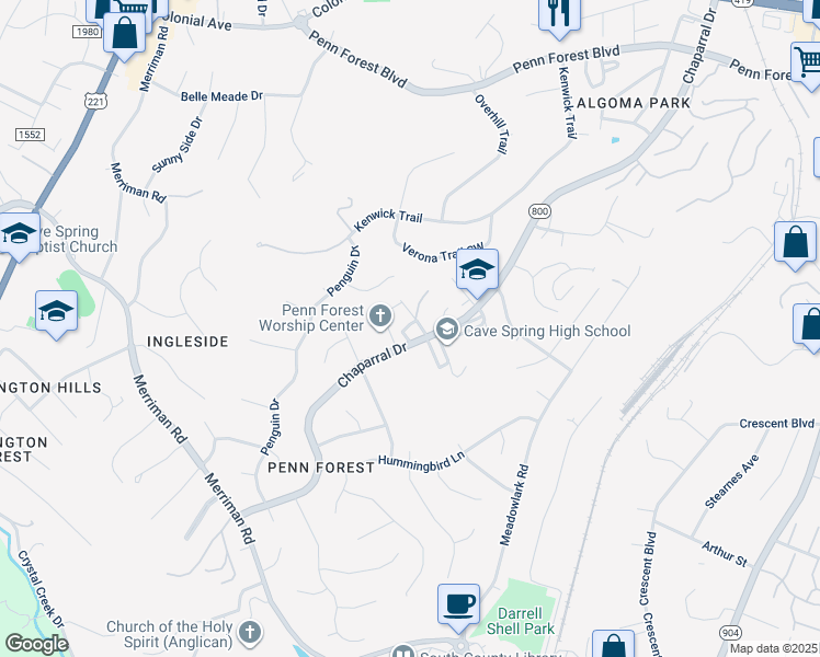 map of restaurants, bars, coffee shops, grocery stores, and more near 3715 Chaparral Drive in Cave Spring
