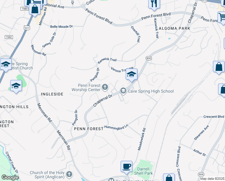 map of restaurants, bars, coffee shops, grocery stores, and more near 3715 Chaparral Drive in Cave Spring
