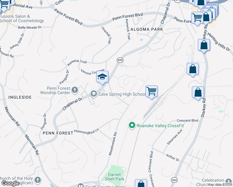 map of restaurants, bars, coffee shops, grocery stores, and more near 2877-2905 Woodthrush Drive in Cave Spring