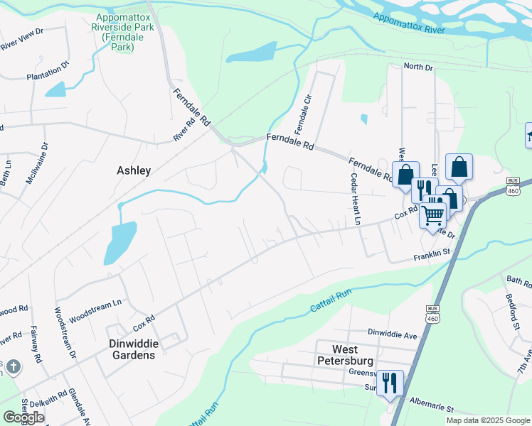 map of restaurants, bars, coffee shops, grocery stores, and more near 25316 Cox Road in Petersburg