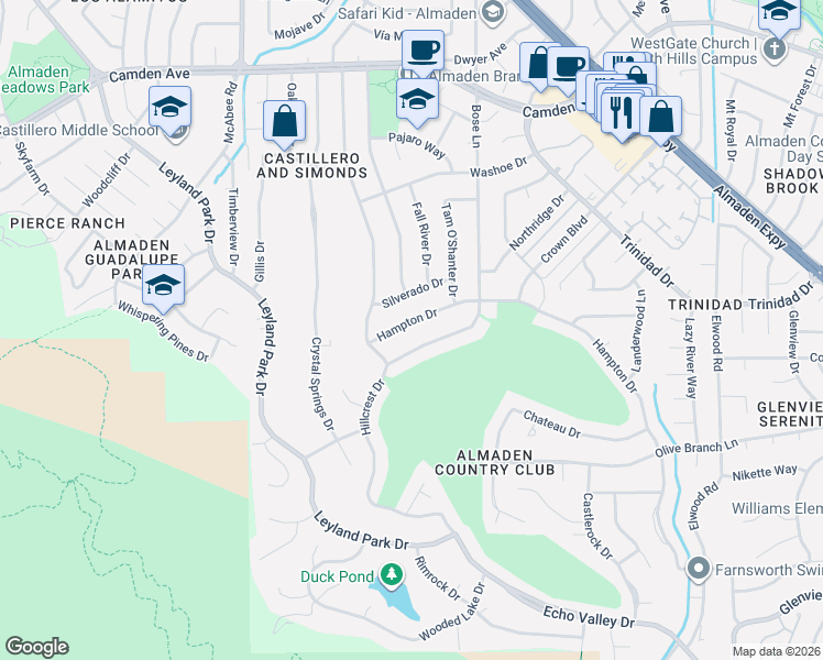 map of restaurants, bars, coffee shops, grocery stores, and more near 6543 Hampton Drive in San Jose