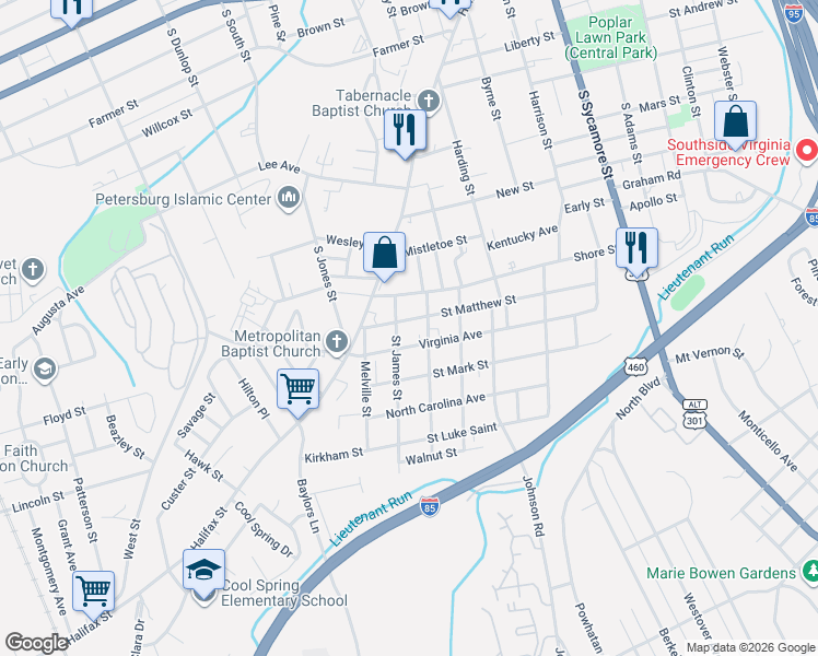 map of restaurants, bars, coffee shops, grocery stores, and more near 521 Virginia Avenue in Petersburg