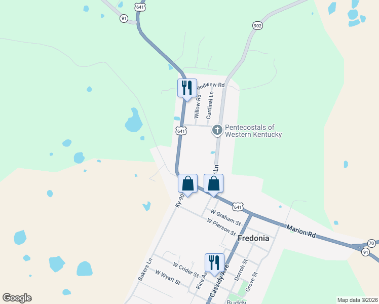 map of restaurants, bars, coffee shops, grocery stores, and more near 21030 Marion Road in Fredonia