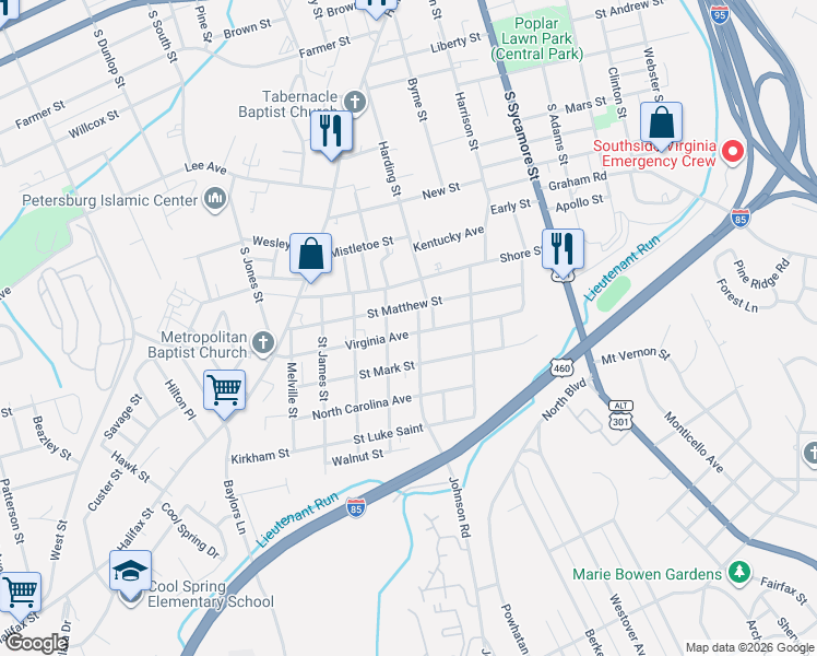 map of restaurants, bars, coffee shops, grocery stores, and more near 1008 High Pearl Street in Petersburg