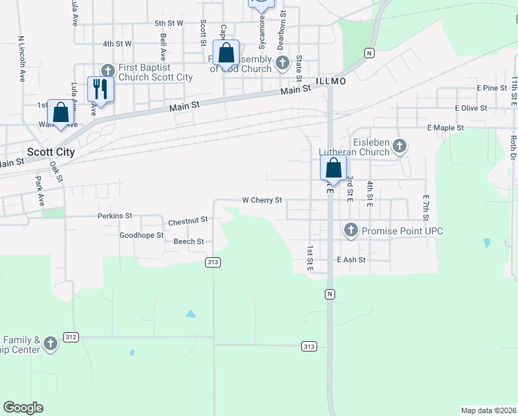 map of restaurants, bars, coffee shops, grocery stores, and more near 222 West Chestnut Street in Scott City