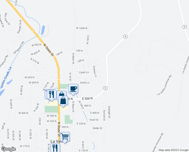 map of restaurants, bars, coffee shops, grocery stores, and more near 633 North 175 East in La Verkin