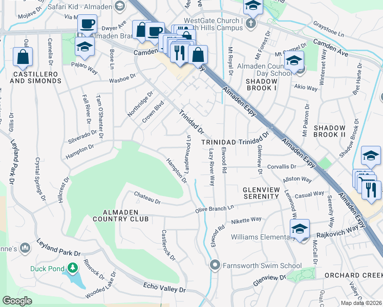 map of restaurants, bars, coffee shops, grocery stores, and more near 1225 Swinging Gate Court in San Jose