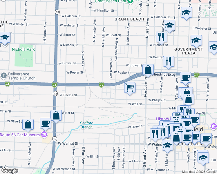 map of restaurants, bars, coffee shops, grocery stores, and more near 1034 E Tampa St in Springfield