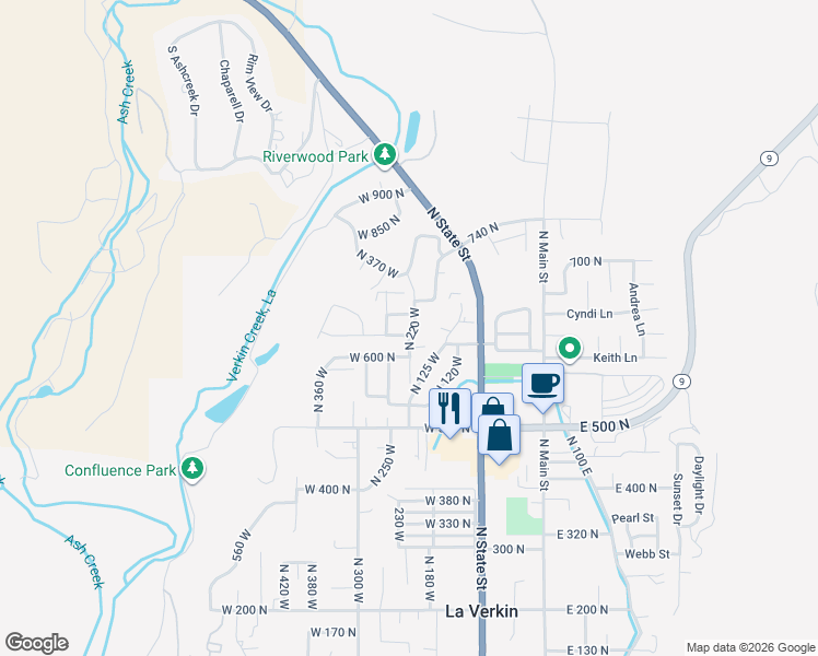 map of restaurants, bars, coffee shops, grocery stores, and more near 255 West 635 North in La Verkin