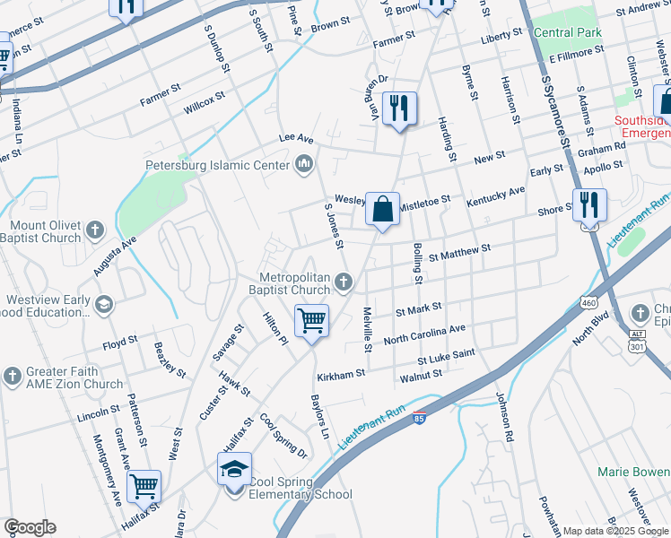 map of restaurants, bars, coffee shops, grocery stores, and more near 801 Young Avenue in Petersburg