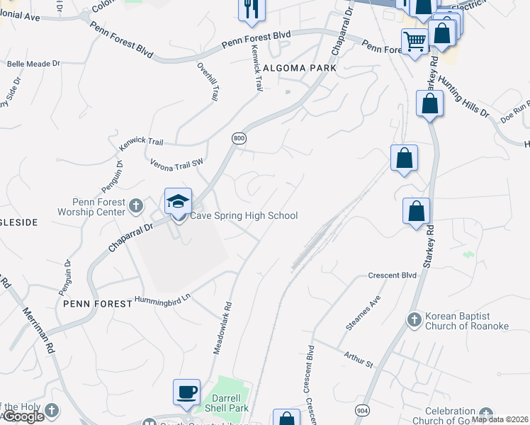 map of restaurants, bars, coffee shops, grocery stores, and more near 3432 Morning Dove Road in Cave Spring