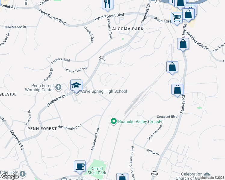 map of restaurants, bars, coffee shops, grocery stores, and more near 3432 Morning Dove Road in Cave Spring