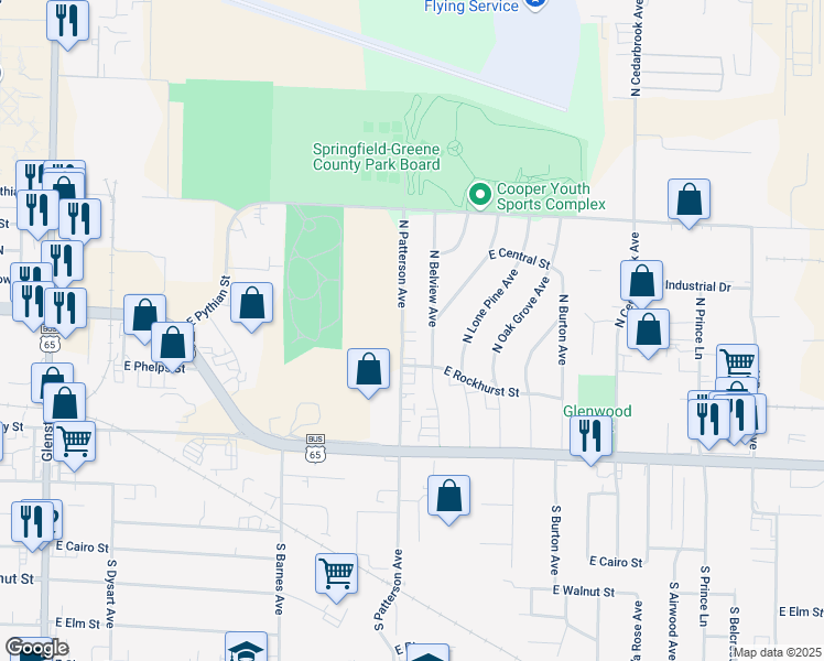 map of restaurants, bars, coffee shops, grocery stores, and more near 612 North Patterson Avenue in Springfield