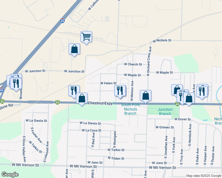 map of restaurants, bars, coffee shops, grocery stores, and more near 4311 West Billings Street in Springfield