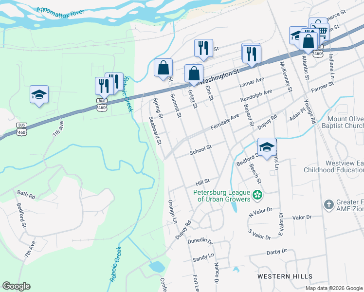 map of restaurants, bars, coffee shops, grocery stores, and more near 228 Summit Street in Petersburg