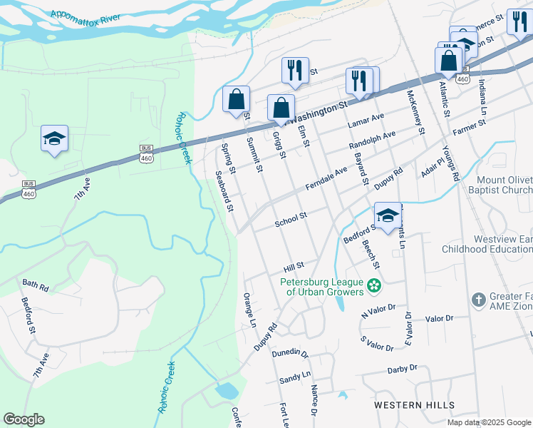 map of restaurants, bars, coffee shops, grocery stores, and more near 228 Summit Street in Petersburg