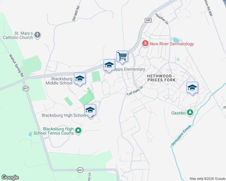 map of restaurants, bars, coffee shops, grocery stores, and more near 2811 Wellesley Court in Blacksburg