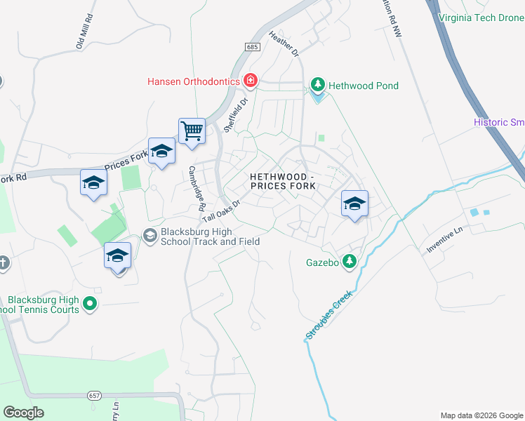 map of restaurants, bars, coffee shops, grocery stores, and more near 2699 Tall Oaks Drive in Blacksburg
