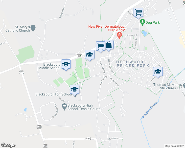 map of restaurants, bars, coffee shops, grocery stores, and more near 2899 Wellesley Court in Blacksburg