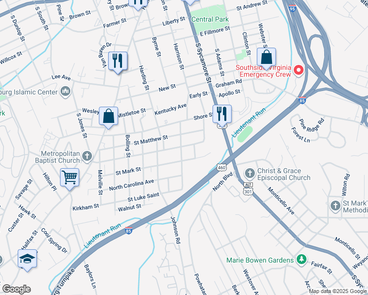 map of restaurants, bars, coffee shops, grocery stores, and more near 150 Virginia Avenue in Petersburg