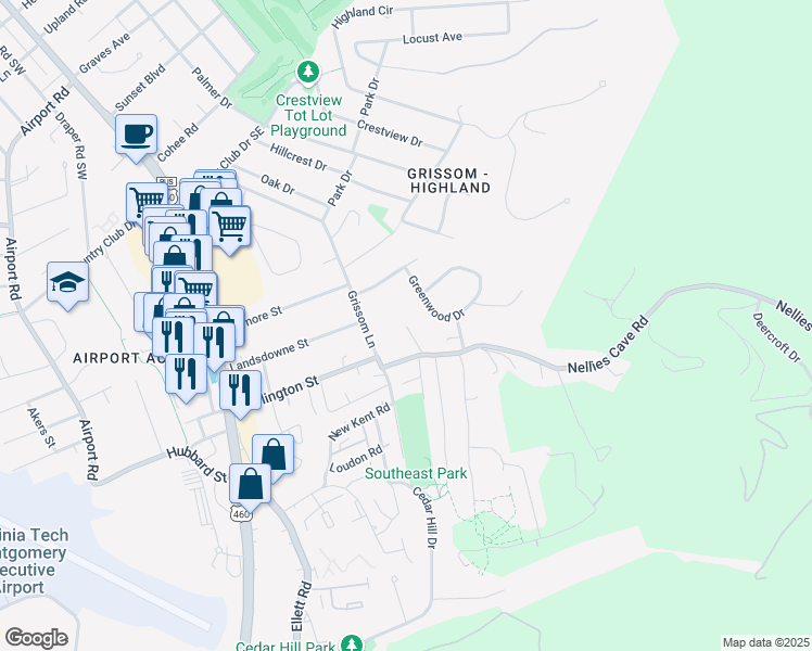 map of restaurants, bars, coffee shops, grocery stores, and more near 1603 Blacksburg Lane in Blacksburg