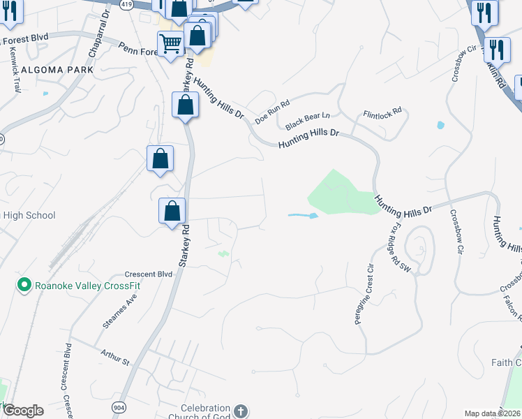 map of restaurants, bars, coffee shops, grocery stores, and more near 5423 Downing Street in Cave Spring