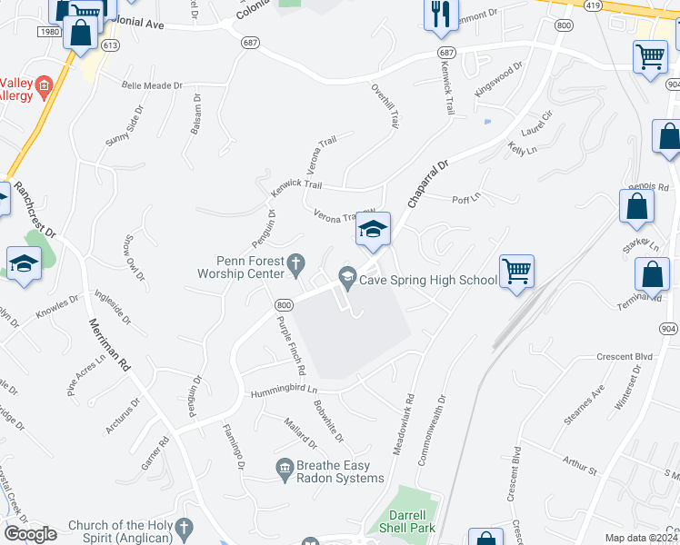 map of restaurants, bars, coffee shops, grocery stores, and more near 3659 Chaparral Drive in Roanoke