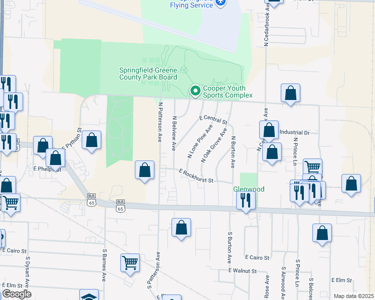 map of restaurants, bars, coffee shops, grocery stores, and more near 629 North Lone Pine Avenue in Springfield