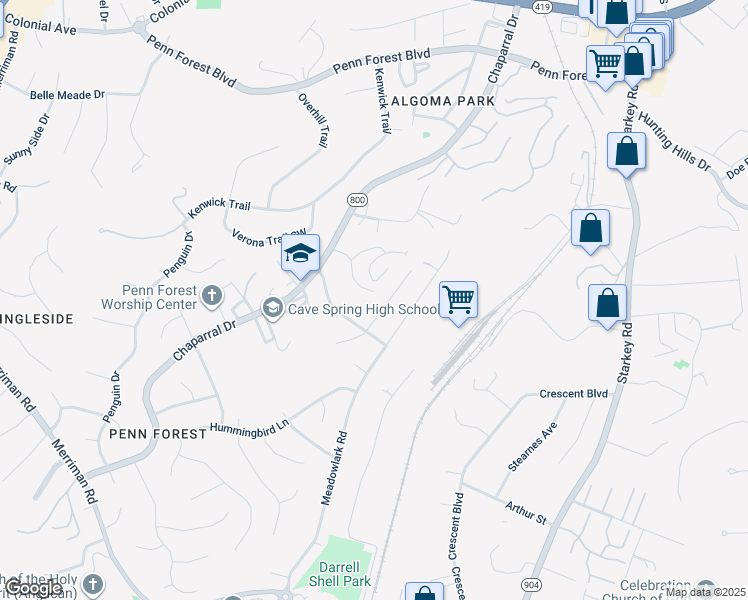 map of restaurants, bars, coffee shops, grocery stores, and more near 2898 Tree Swallow Road in Cave Spring