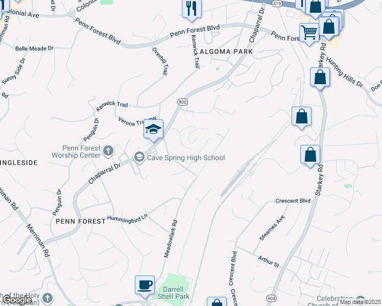 map of restaurants, bars, coffee shops, grocery stores, and more near 2898 Tree Swallow Road in Cave Spring