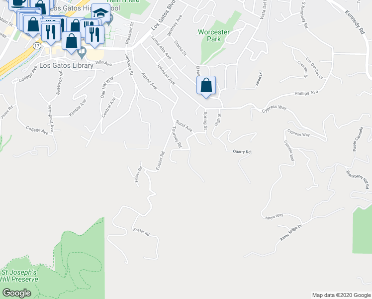 map of restaurants, bars, coffee shops, grocery stores, and more near 17652 Tourney Road in Los Gatos