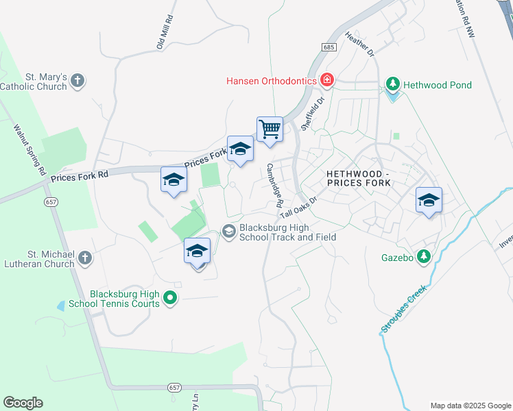 map of restaurants, bars, coffee shops, grocery stores, and more near 2811 Wellesley Court in Blacksburg