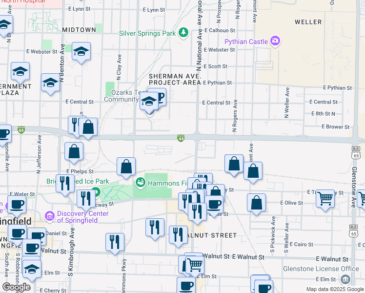 map of restaurants, bars, coffee shops, grocery stores, and more near 601 North National Avenue in Springfield