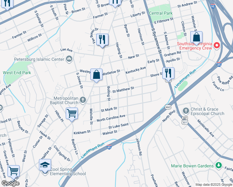 map of restaurants, bars, coffee shops, grocery stores, and more near 412 Virginia Avenue in Petersburg