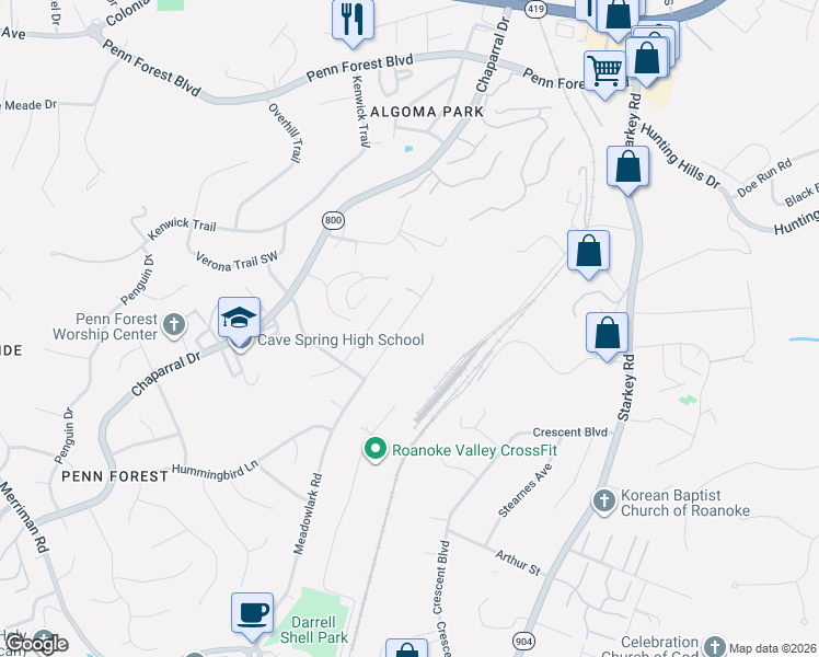 map of restaurants, bars, coffee shops, grocery stores, and more near 3548 Meadowlark Road in Cave Spring