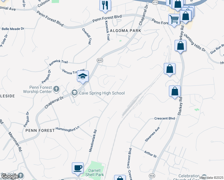 map of restaurants, bars, coffee shops, grocery stores, and more near 3410 Morning Dove Road in Cave Spring