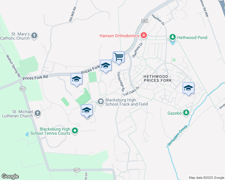 map of restaurants, bars, coffee shops, grocery stores, and more near 2811 Wellesley Court in Blacksburg