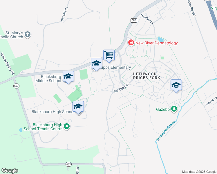map of restaurants, bars, coffee shops, grocery stores, and more near 2811 Wellesley Court in Blacksburg