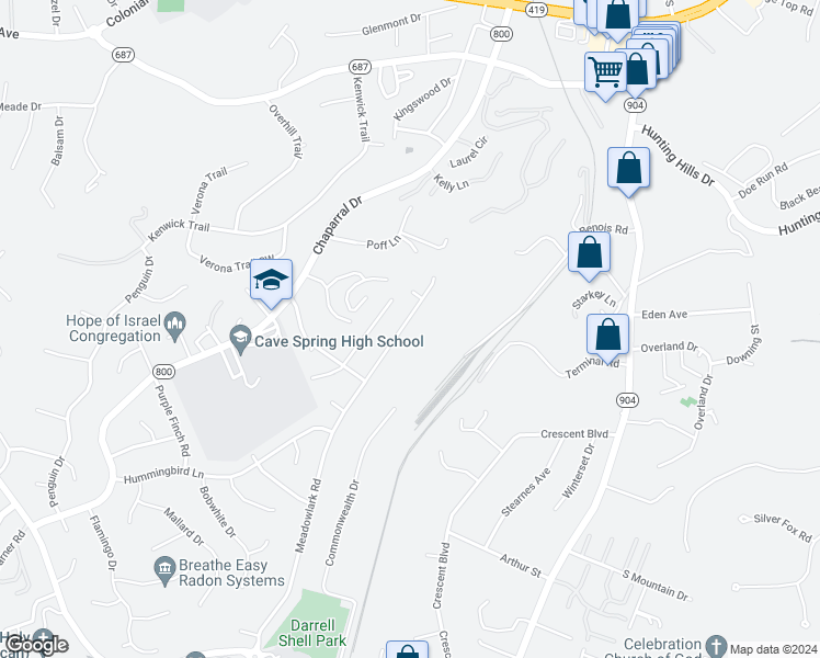 map of restaurants, bars, coffee shops, grocery stores, and more near 3526 Meadowlark Road in Roanoke