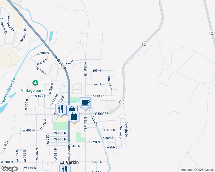 map of restaurants, bars, coffee shops, grocery stores, and more near 154 Cyndi Lane in La Verkin