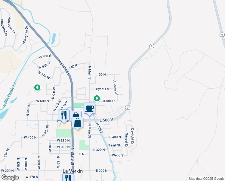 map of restaurants, bars, coffee shops, grocery stores, and more near 154 Cyndi Lane in La Verkin